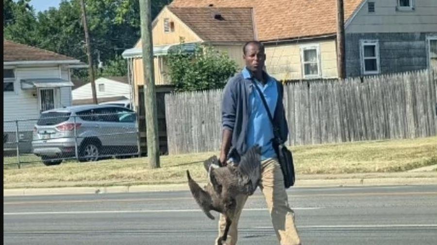 Foto viralizou nas redes sociais com um homem carregando dois gansos mortos. 