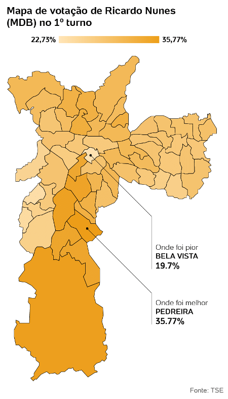 Mapa de votação de Ricardo Nunes (MDB) no 1º turno