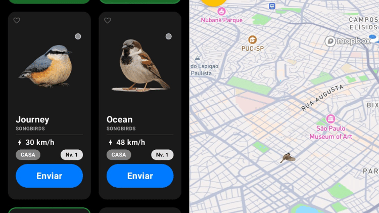 Aplicativo 'Roost' permite que você escolha pássaros virtuais para enviar mensagens; a 'entrega' aparece no mapa Aplicativo 'Roost' permite que você escolha pássaros virtuais para enviar mensagens; a 'entrega' aparece no mapa