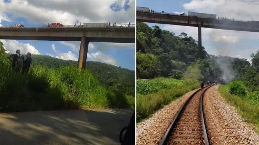 Caminhão (esquerda) caiu hoje em ponte de João Monlevade (MG), mesmo local ônibus (direita) perdeu controle e despencou, deixando 19 mortos - Divulgação/CBMG/Montagem