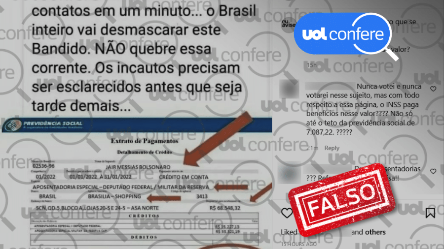 2.fev.2022 - Post no Instagram com extrato falso de aposentadoria do presidente Jair Bolsonaro (PL) - Reprodução/Instagram falandoverdades_0002