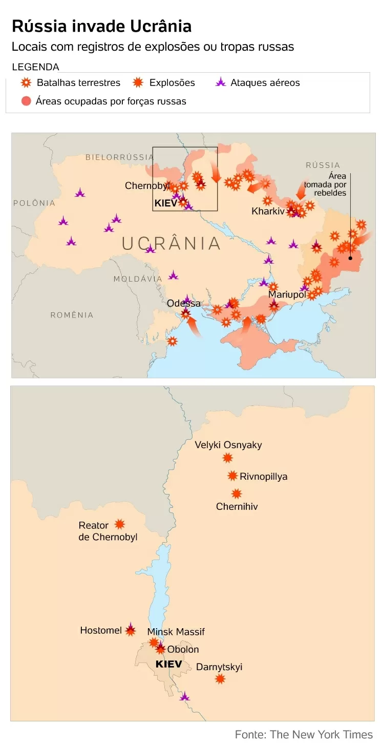 Mapa Rússia invade a Ucrânia - 26.02.2022 - Arte/UOL - Arte/UOL