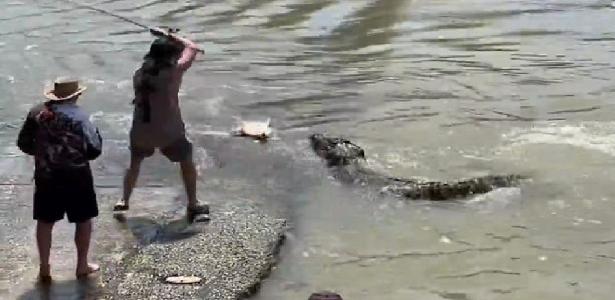 Scott Roscarel enfrenta crocodilo para evitar que roube peixe em riacho na Austrália