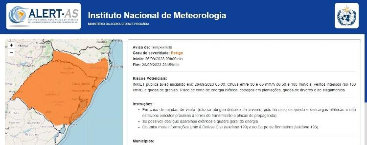 Alerta de tempestade válido para a amanhã feito pelo Inmet