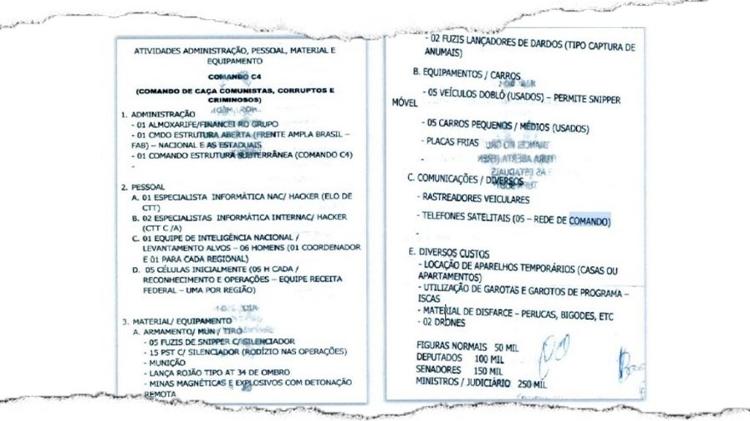 Documento apreendido pela PF mostra 'tabela de preços' para espionar e assassinar autoridades
