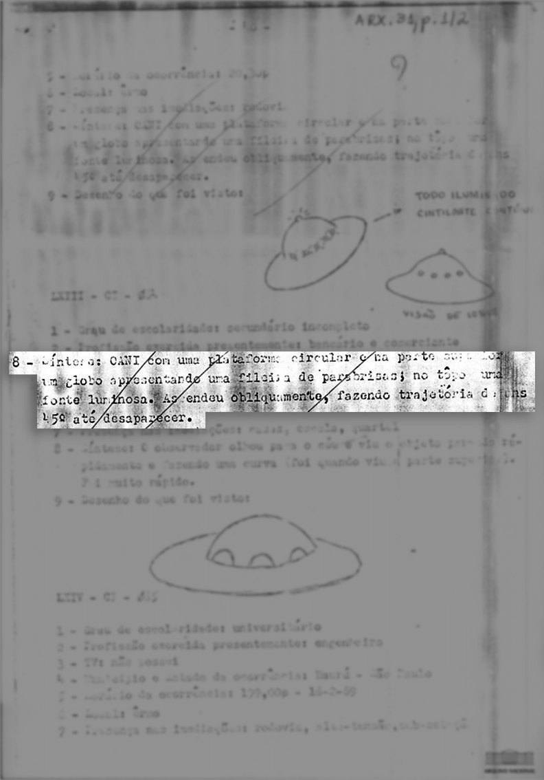 Imagem liberada pela FAB (Força Aérea Brasileira) e disponibilizada no Arquivo Nacional mostra descrição de objetos voadores não identificados que teriam sido vistos em Lins, no interior  de São Paulo, em 6 de março de 1969 - Arquivo Nacional