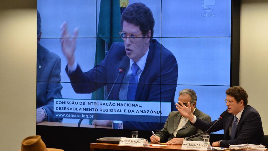 Ricardo Salles, ministro do Meio Ambiente, durante audiência na comissão de integração nacional e desenvolvimento regional da Amazônia, na Câmara dos Deputados - Renato Costa/Folhapress