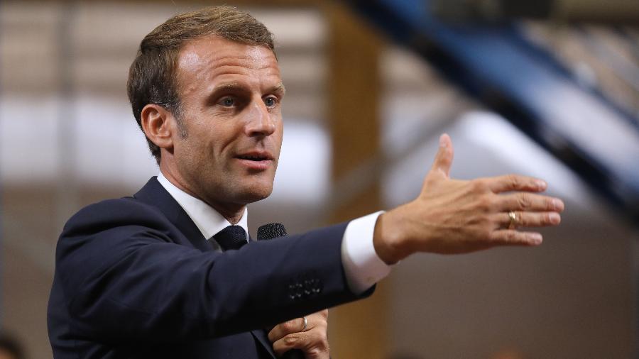 O presidente francês, Emmanuel Macron, estava entre os líderes que fizeram conferência para lançar "colaboração histórica" - Ludovic Marin - 10.set.2019/AFP