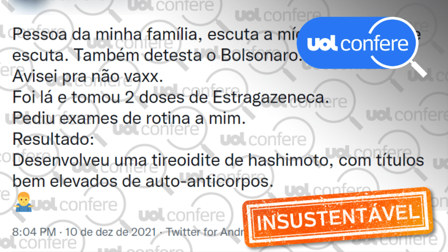 16.dez.2021 - Post alega que vacina da covid-19 causa tireoidite de Hashimoto, mas não há provas disso - Arte/UOL sobre Reprodução/Twitter Canal do Falcão