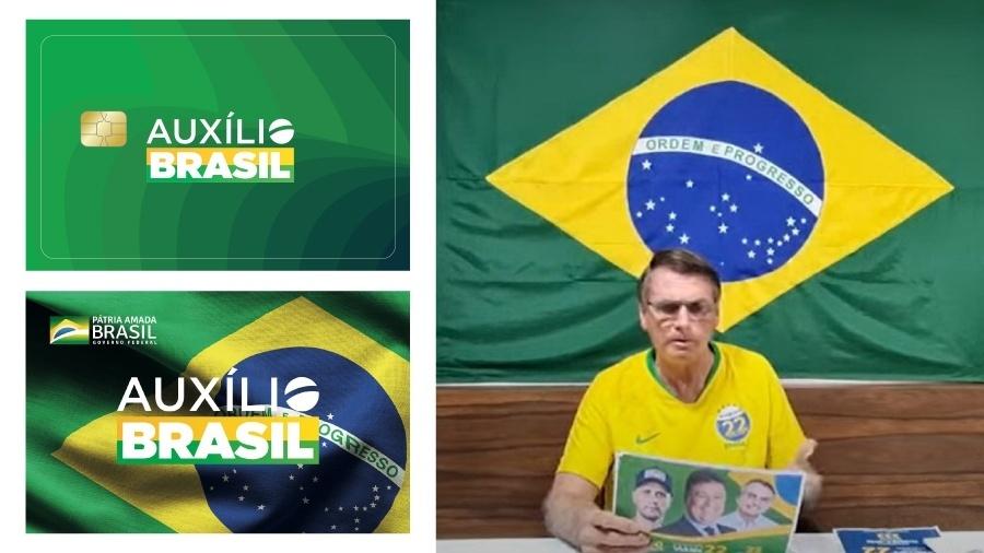 No alto, cartão do Auxílio Brasil aprovado pelo Ministério da Cidadania, em janeiro; abaixo, a versão alterada pela Presidência, com a bandeira do Brasil; do lado direito, Bolsonaro em live de 29 de setembro - Arte/UOL
