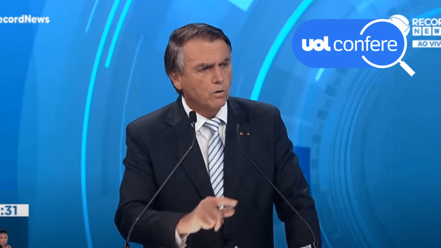 23.out.2022 - Bolsonaro em sabatina da TV Record no segundo turno da disputa presidencial - Arte/UOL sobre Reprodução TV Record/Youtube