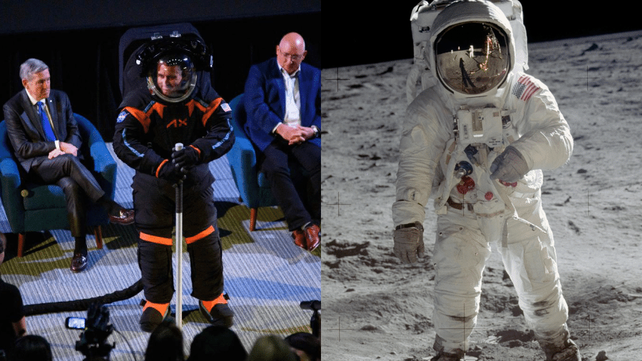 Uniformes de astronautas na Lua: à esq., o traje espacial que será usado na missão Artemis, em 2025; à dir., o usado na Apollo 11, em 1969 - Divulgação/Nasa