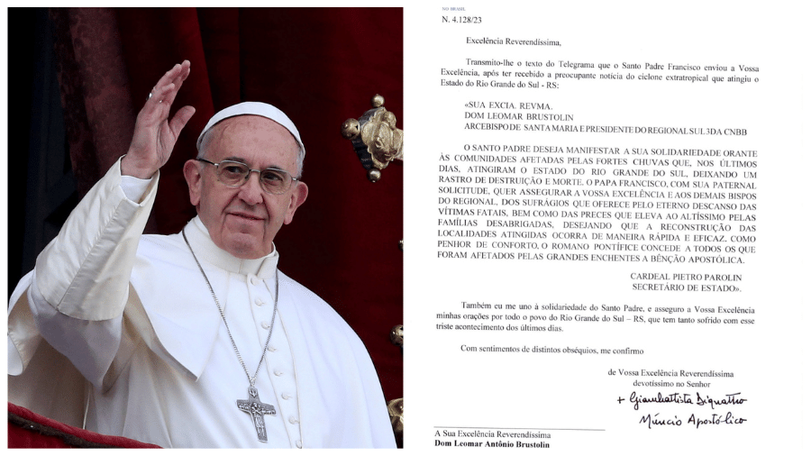 O papa enviou uma mensagem de fé e solidariedade aos afetados pelas chuvas no Rio Grande do Sul
