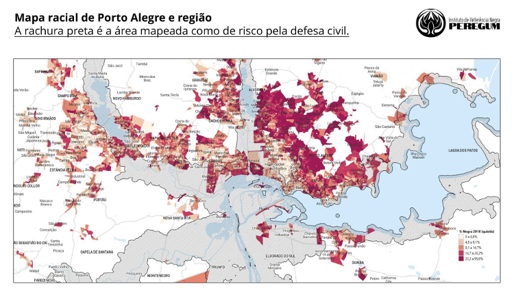 Mapeamento do Instituto Peregum considerou dados do Censo de 2010 do IBGE e áreas indicadas como zonas de risco pela Defesa Civil do RS em maio; bairros da região metropolitana de Porto Alegre com maior concentração de populações negras foram apontados como locais de maior risco