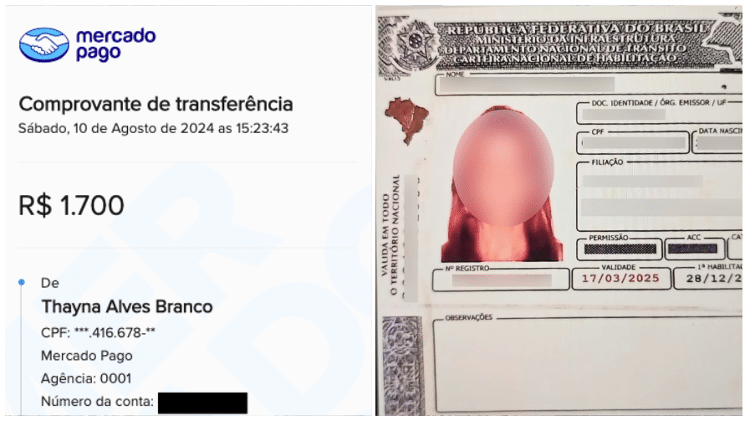 A suspeita enviou como documento uma habilitação de motorista, com informações trocadas, mas as vítimas acabaram fazendo o pagamento de um mês de aluguel