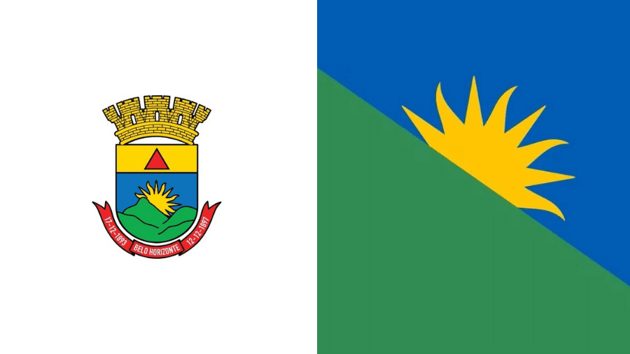 Bandeira atual de Belo Horizonte (à esquerda) e proposta de nova bandeira (à direita); novo estandarte foi recusado