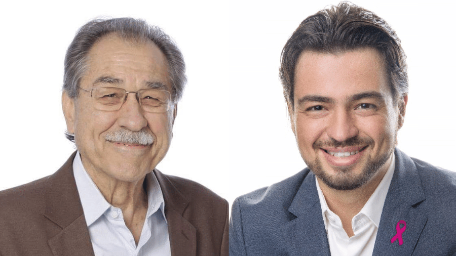 À esq., Eloi Pietá (PT), ex-prefeito de Guarulhos, e o atual prefeito, Guti (PSD), candidato à reeleição - Reprodução