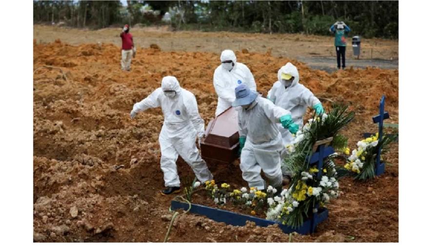 Enterro de morto por Covid-19 no cemitério Parque Taruma, em Manaus. Cena já se repete, quase duas mil vezes por dia no Brasil Varonil dos militares que se acham no direito de tutelar a política - Bruno Kelly/Reuters