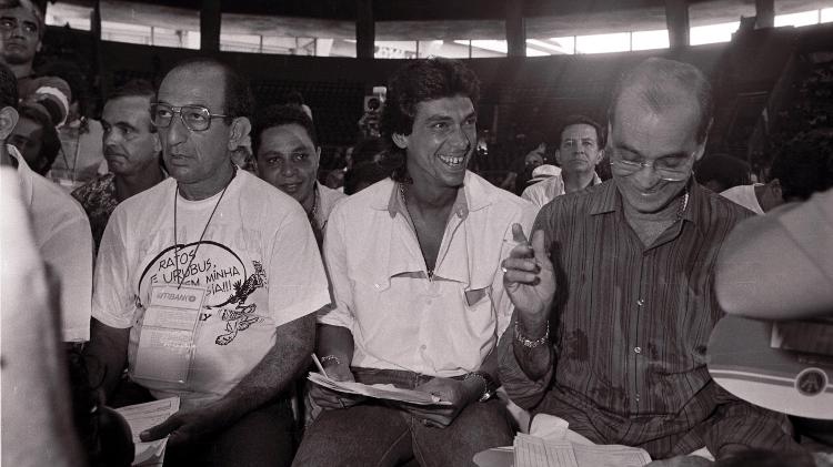 Da esq p/ dir: os bicheiros Anizio Abrahão David (Beija-Flor), Maninho e Waldomiro Garcia (Miro) durante apuração das escolas de samba, no Rio de Janeiro (RJ), em 1989