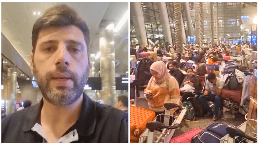 Audrey Bernardo, brasileiro retido no Qatar, mostra o aeroporto de Doha lotado após o fechamento do espaço aéreo Audrey Bernardo, brasileiro retido no Qatar, mostra o aeroporto de Doha lotado após o fechamento do espaço aéreo