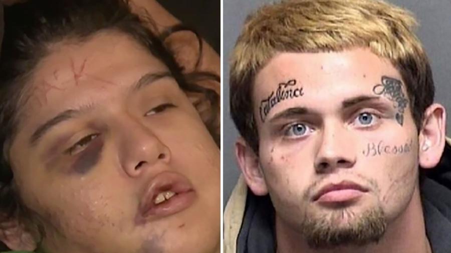 Catalina Mireles (à esquerda) teve a testa "tatuada" com a palavra Jack pelo próprio namorado (à direita) - Reprodução/KSAT - Divulgação/Bexar County Sheriff"s Office