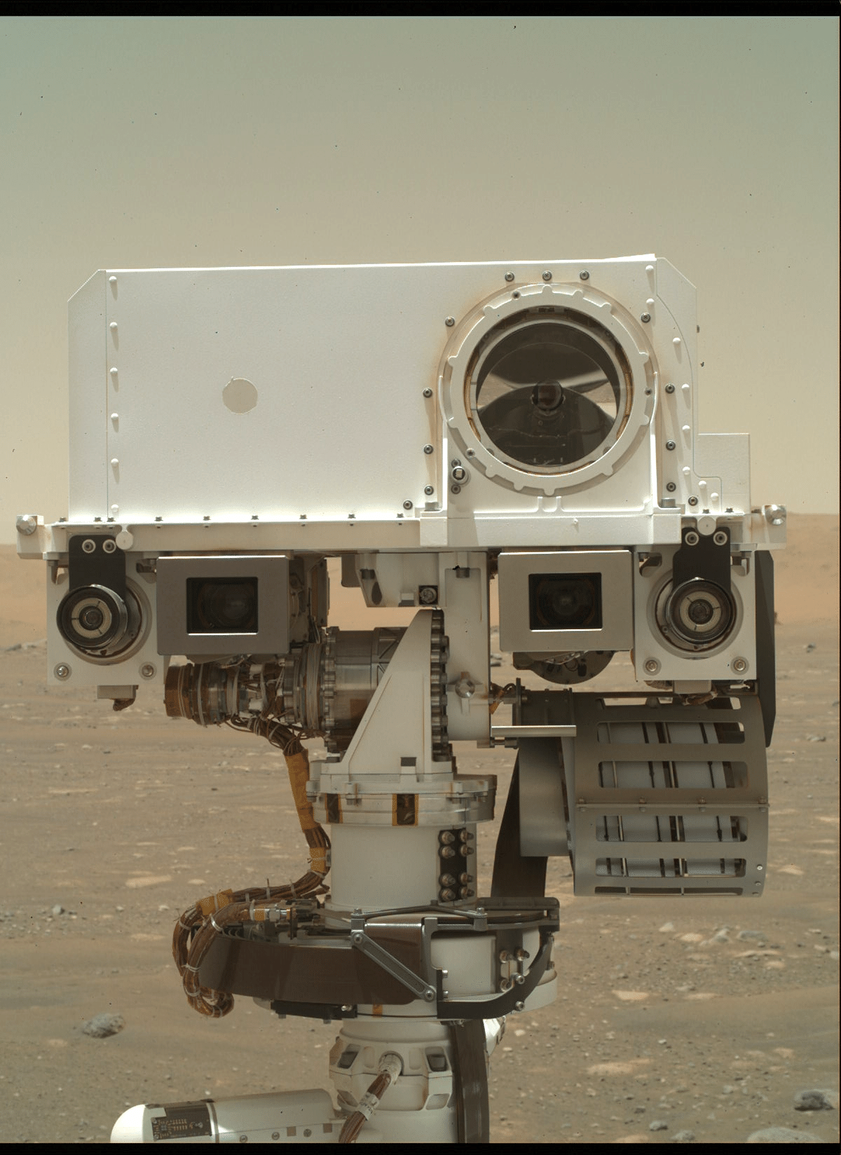 7 de abril de 2021: Perseverance tirou esta imagem usando sua câmera Sherloc Watson, localizada na torre no final do braço robótico do rover. A foto mostra o mastro de sensoriamento remoto do Perseverance, que é basicamente a "cabeça" da sonda, pois guarda muitas de suas câmeras e instrumentos científicos - Divulgação/Nasa