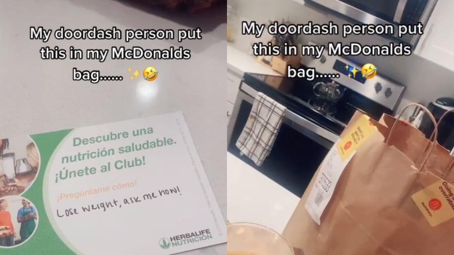 Um motorista entregou o pacote de lanche do McDonald"s contendo um cartão com propaganda de emagrecimento - Reprodução/@soozieque/TikTok
