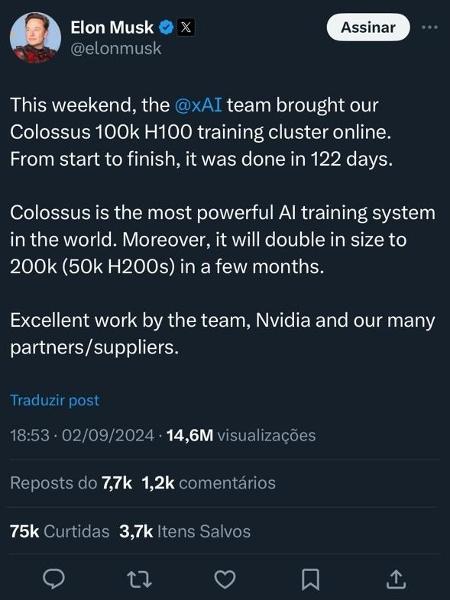 Post de Elon Musk sobre o supercomputador Colossus, que vai treinar IA