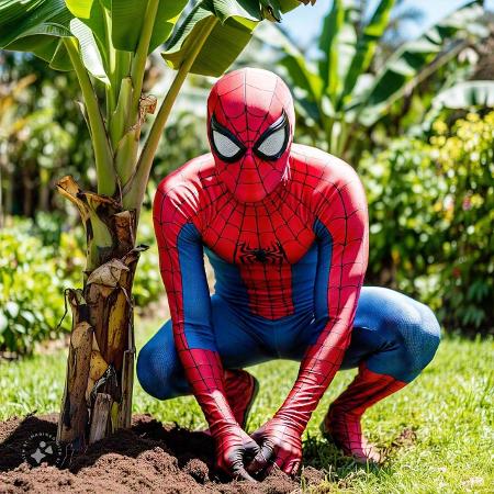 Imagem criada pela Meta IA para atender ao pedido para elaborar o Homem-Aranha plantando bananeira