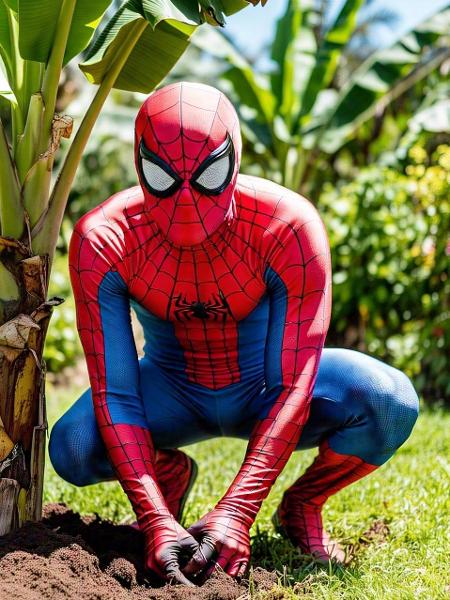 Imagem criada pela Meta IA para atender ao pedido para elaborar o Homem-Aranha plantando bananeira