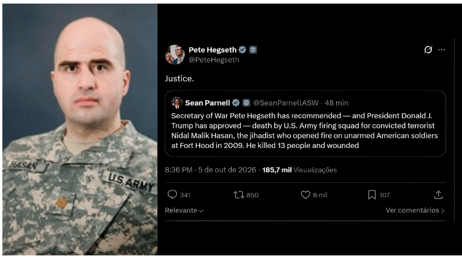 Nidal Malik Hasan (à esq.) e publicação de Pete Hegseth sobre a aprovação da execução do ex-major por fuzilamento