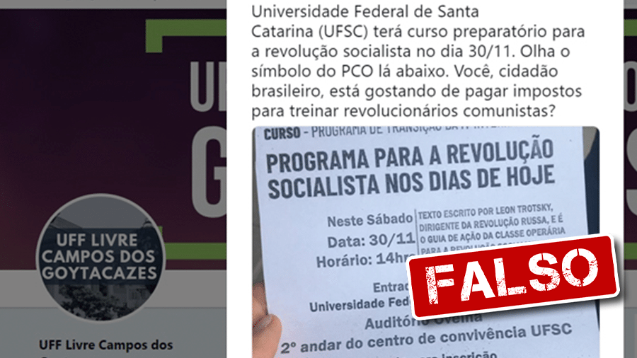 3.dez.2019 - Post com informações falsas diz que dinheiro público bancou curso sobre revolução socialista na UFSC - Arte/UOL