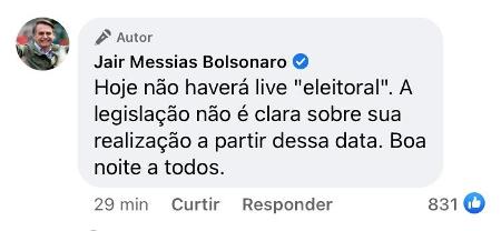 Reprodução de declaração do presidente Bolsonaro em sua rede social - Reprodução - Reprodução