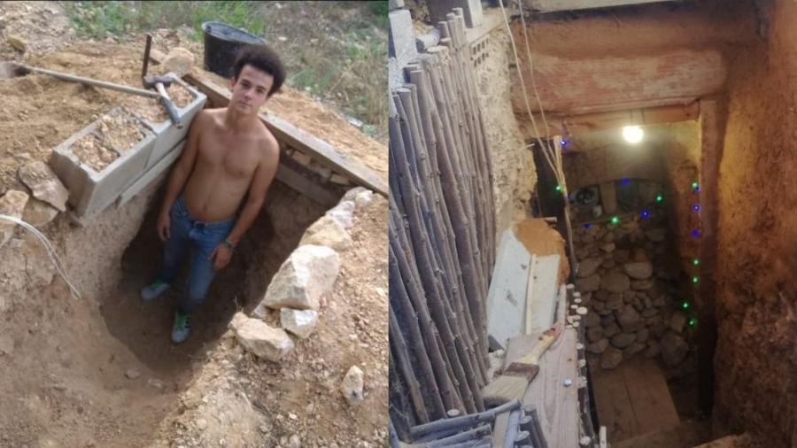 Andres Canto, de 20 anos, começou a cavar sua própria caverna no quintal de casa usando uma picareta - Reprodução/Twitter/@andresiko_16