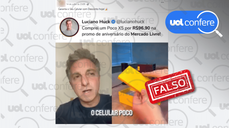 22.jul.2024 - É falso vídeo em que o apresentador Luciano Huck supostamente divulga uma promoção de um celular no Mercado Livre