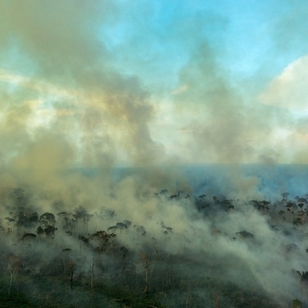 1.ago.2016 - Nuvem de fumaça proveniente de queimada cobre a floresta em Lábrea, Amazonas - Rogério Assis/Greenpeace