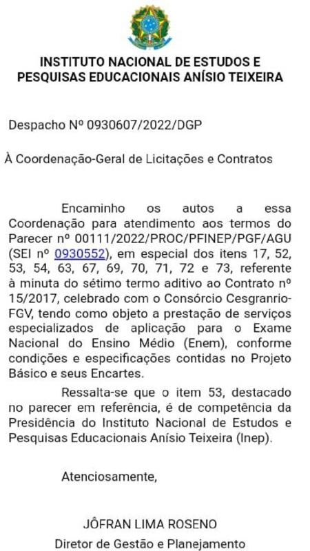 Um dia após parecer da procuradoria, diretor do Inep orientou sobre aditivo  - Reprodução - Reprodução