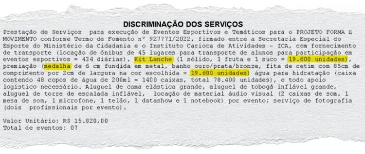 Uma das notas fiscais emitidas pela WAX detalha a quantidade total do serviço previsto no contrato (19.600 kits lanche e medalhas)