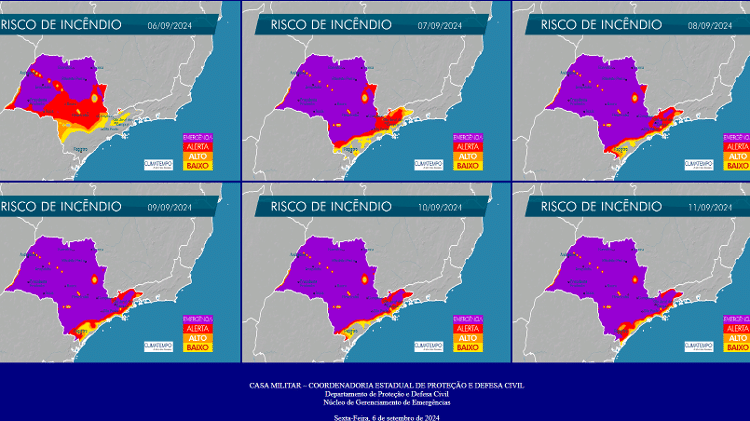 Mapa de risco de incêndio divulgado pela Defesa Civil nesta sexta-feira (6)