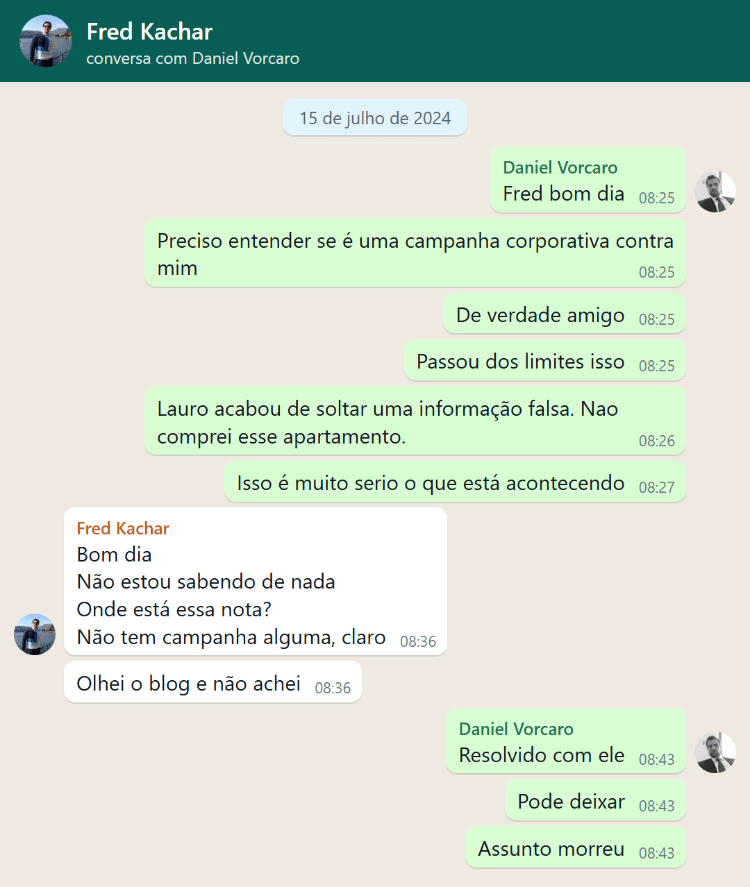 Conversa entre Daniel Vorcaro e Frederic Kachar sobre campanha corporativa