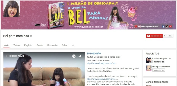 Página principal do canal do Youtube "Bel para Meninas" - Reproduçõa/Youtube