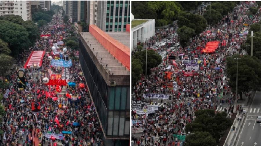 Protestos na Avenida Paulista, em São Paulo, e no Centro do Rio. Milhares de pessoas disseram "não" a Bolsonaro país afora; manifestações foram maiores do que há três semanas - Reprodução; Ricardo Moraes/Reuters