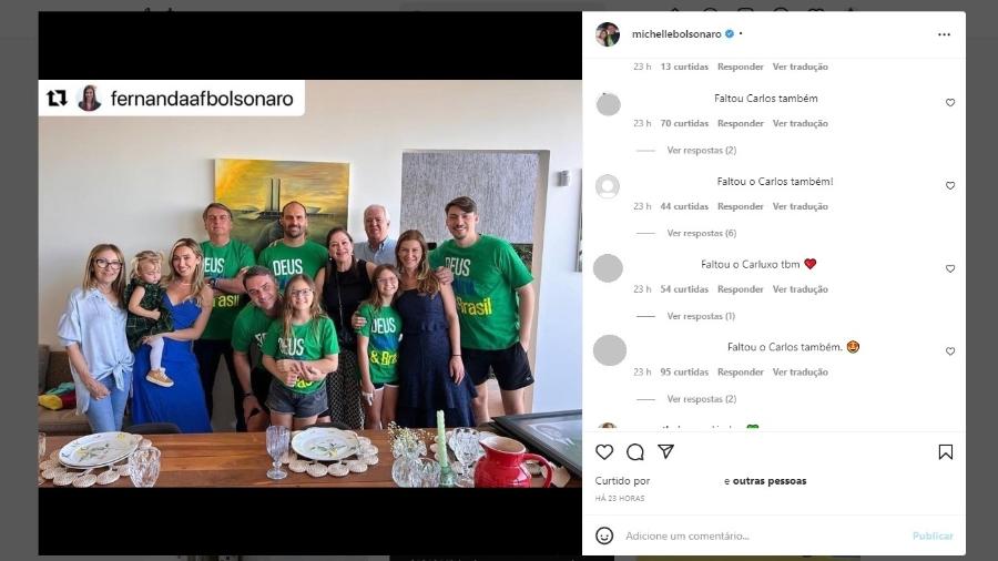 A primeira-dama Michelle Bolsonaro compartilhou uma foto postada por Fernanda, esposa do senador Flávio Bolsonaro (PL-RJ) - Reprodução/Instagram/@michellebolsonaro