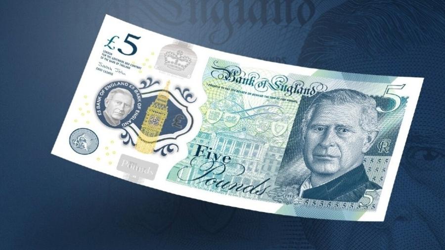 Nota de 5 pounds (5 libras) com o rosto do rei Charles 3º, que entrará em circulação a partir de 2024 - Bank of England