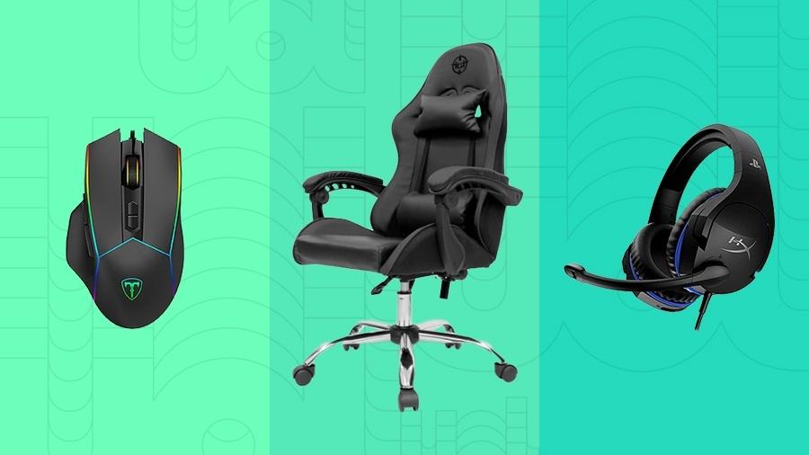 Fone de ouvido, cadeira e mouse estão com descontos no festival geek gamer da Amazon - Divulgação / Arte UOL
