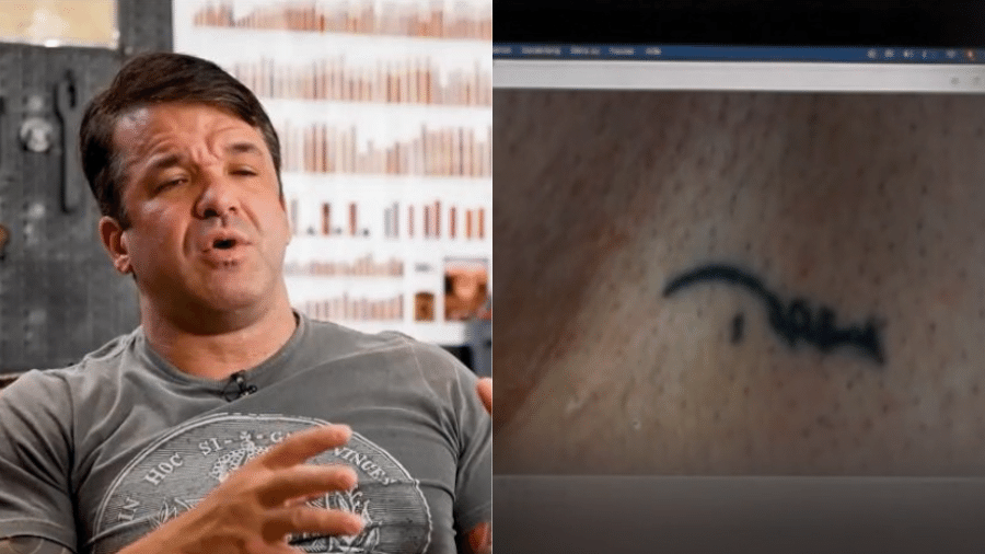 Thiago Brennand; e a tatuagem que a jovem europeia diz ter sido pressionada a fazer com um desenho da marca do empresário - Reprodução; e Reprodução/TV Globo