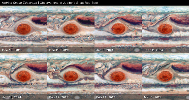 Imagens feitas pelo Telescópio Hubble da Grande Mancha Vermelha em Júpiter