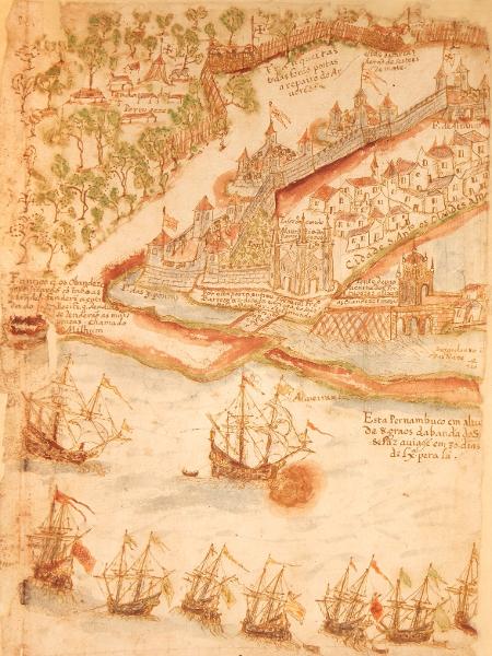 Parte esquerda do desenho mostra Recife cercada de navios portugueses Parte esquerda do desenho mostra Recife cercada de navios portugueses