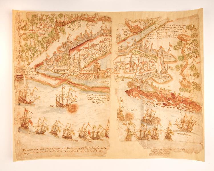 Desenho mostra região do Recife, controlada por holandeses, cercada de navios portugueses em 1654 Desenho mostra região do Recife, controlada por holandeses, cercada de navios portugueses em 1654