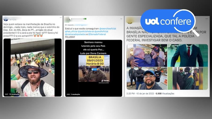 Publicações falsas sobre supostos infiltrados e mortes inundaram as redes bolsonaristas após os ataques terroristas em Brasília - Arte/UOL sobre Reprodução Redes Sociais